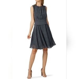 Derek Lam Pintuck Waist Faux Silk Chiffon A Line Knee Length Dress Gray Black 4